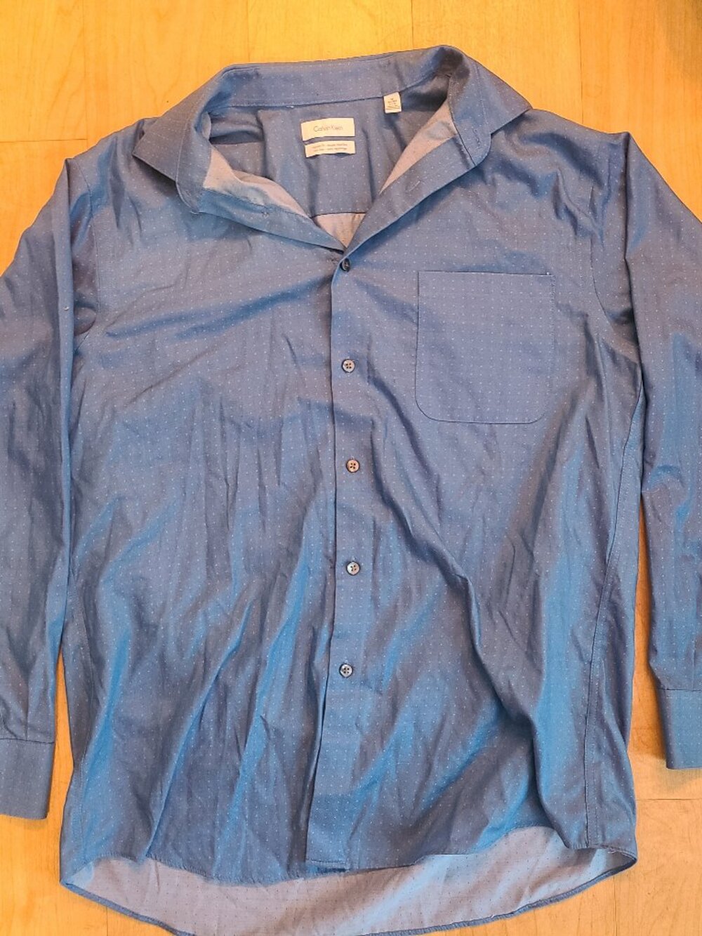 Calvin Klein Mens Dress Shirt 16 32/33 Large Non Iron Blue Polka Dot Regular Fit